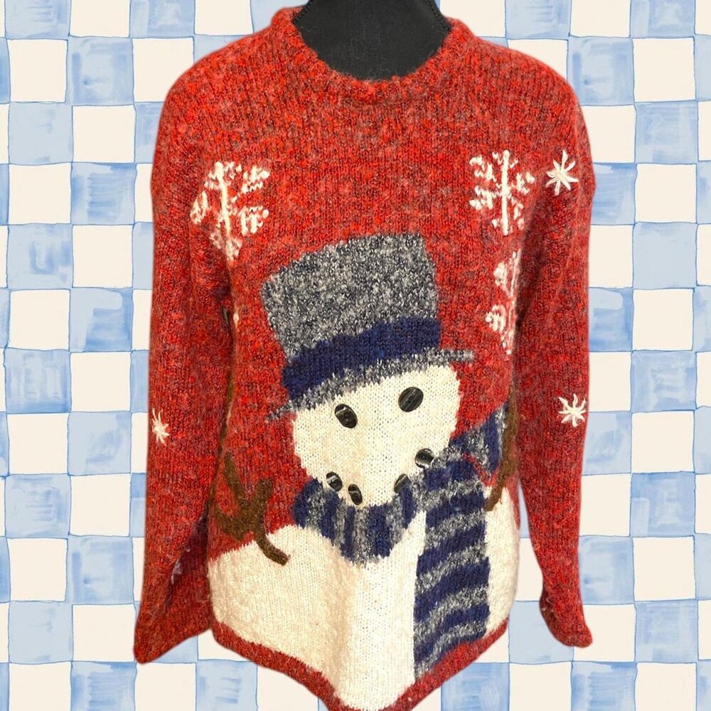VTG PBJ Sport red snowman knit sweater with snowflakes